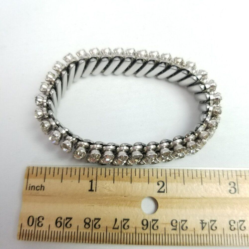 Vintage Three Row Rhinestone Stretch Expansion Bracelet, Emerald Shape Stones - Picture 4 of 8